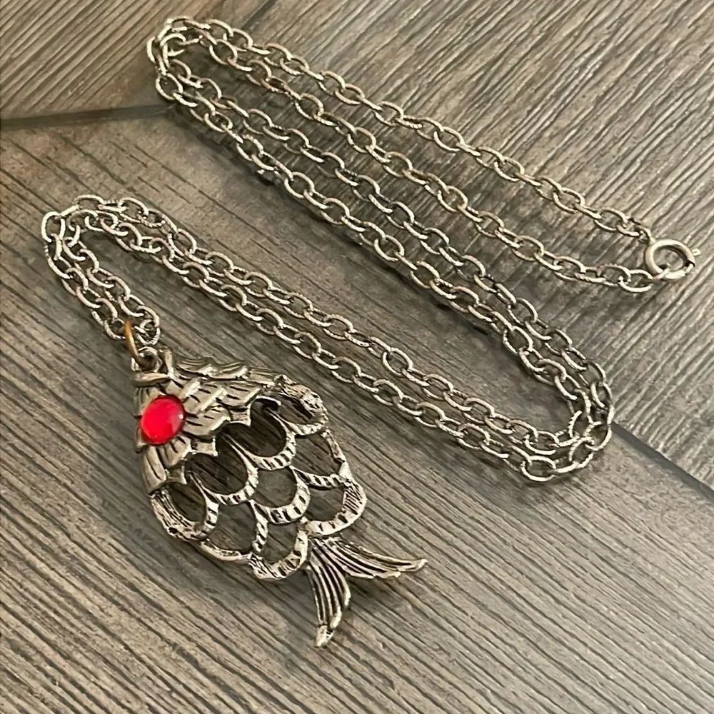 Vintage 1970’s Cut Out / Pierced Fish with Red Eye Necklace
